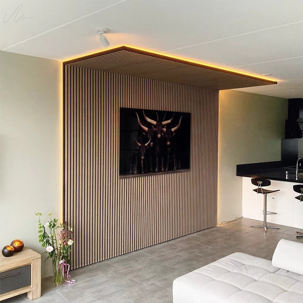 Lot de 6 Panneaux Acoustiques Muraux - Tasseaux Finition Chêne Blanc - Fond Noir - 240x60x2,2cm - Silamp France