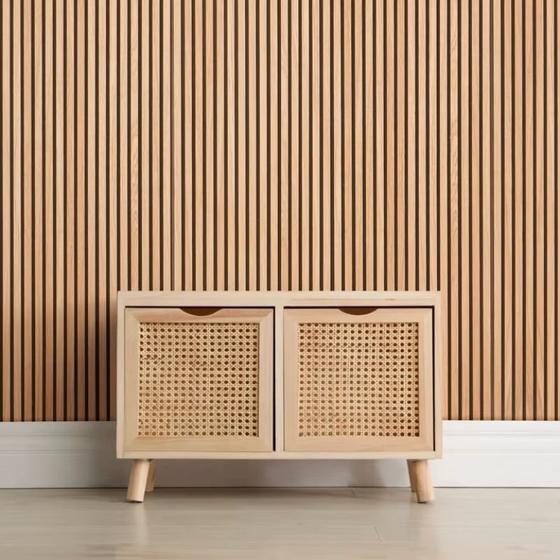 Lot de 8 Panneaux Acoustiques Muraux - Tasseaux Finition Chêne Blanc - Fond Noir - 240x60x2,2cm - Silamp France