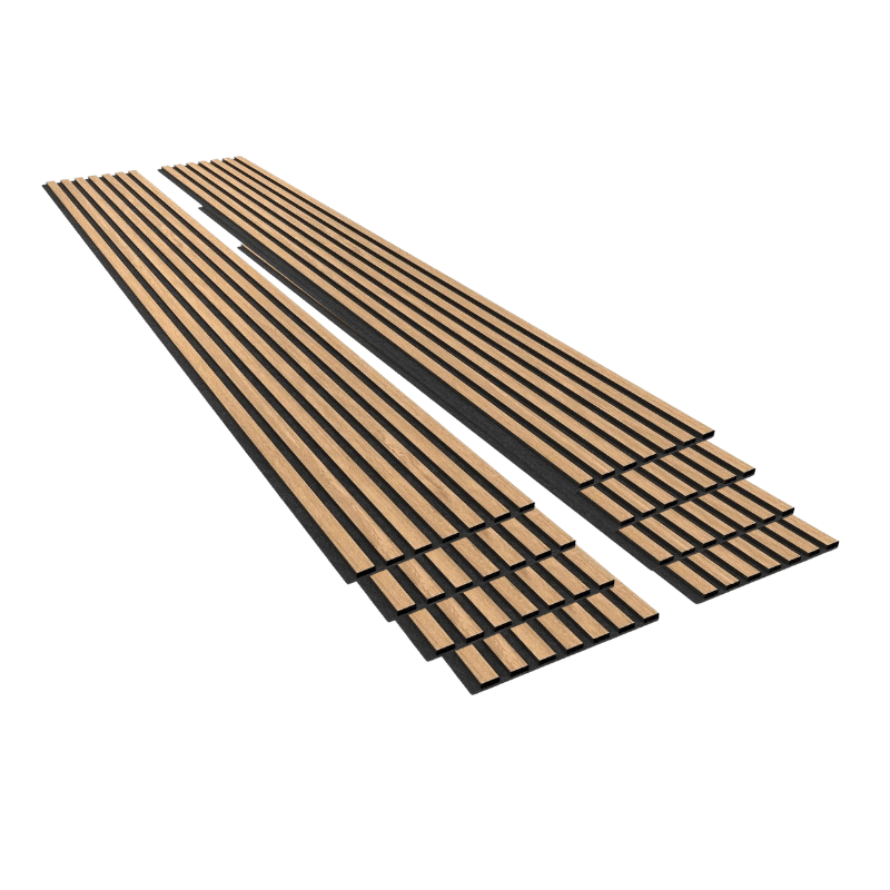 Lot de 8 Panneaux Acoustiques Muraux - Tasseaux Finition Chêne Blanc - Fond Noir - 240x60x2,2cm - Silamp France
