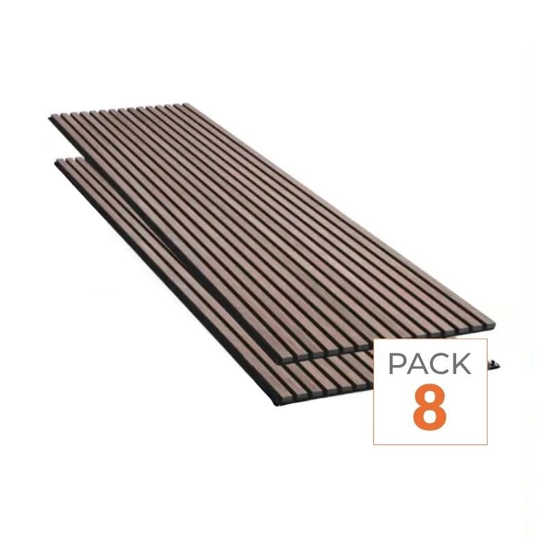 Lot de 8 Panneaux Acoustiques Muraux - Tasseaux Finition Noyer - Fond Noir - 240x60x2,2cm - Silamp France