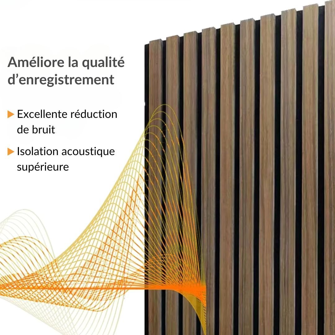 Lot de 8 Panneaux Acoustiques Murauxl - Tasseaux Finition Noyer - Fond Noir - 240x60x2,2cm - Silamp France