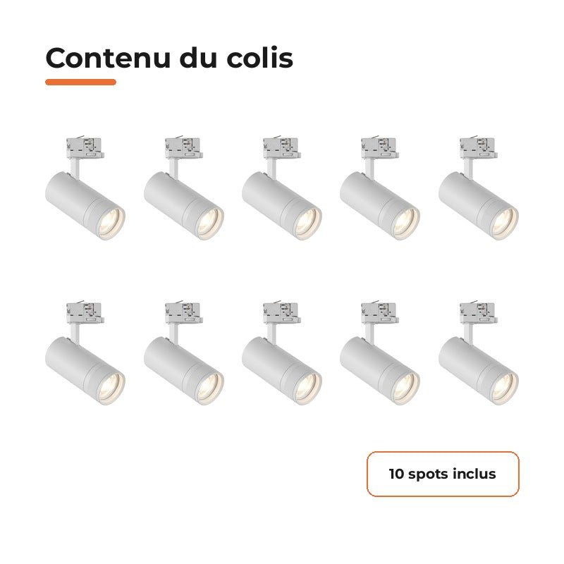 Pack de 10 - Spot LED sur Rail Blanc Angle Ajustable Triphasé 30W 15-60° CCT TRIAC Dimmable - Silamp France