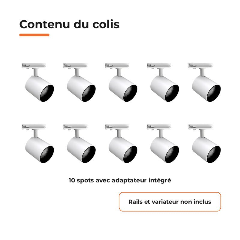 Pack de 10 - Spot LED sur Rail Blanc Monophasé 24W 36° TRIAC Dimmable - Silamp France