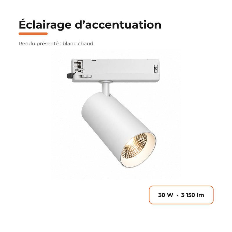 Pack de 10 - Spot LED sur Rail COB Triphasé 30W 36° Blanc - Garantie 5 ans - Silamp France