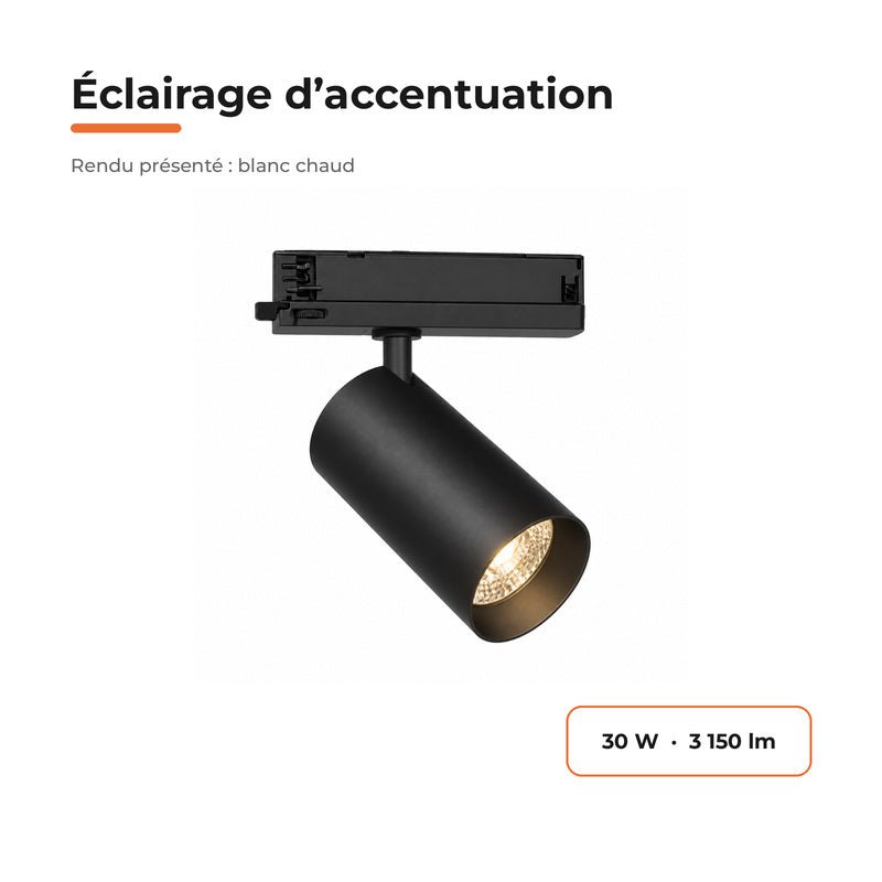 Pack de 10 - Spot LED sur Rail COB Triphasé 30W 36° Noir - Garantie 5 ans - Silamp France
