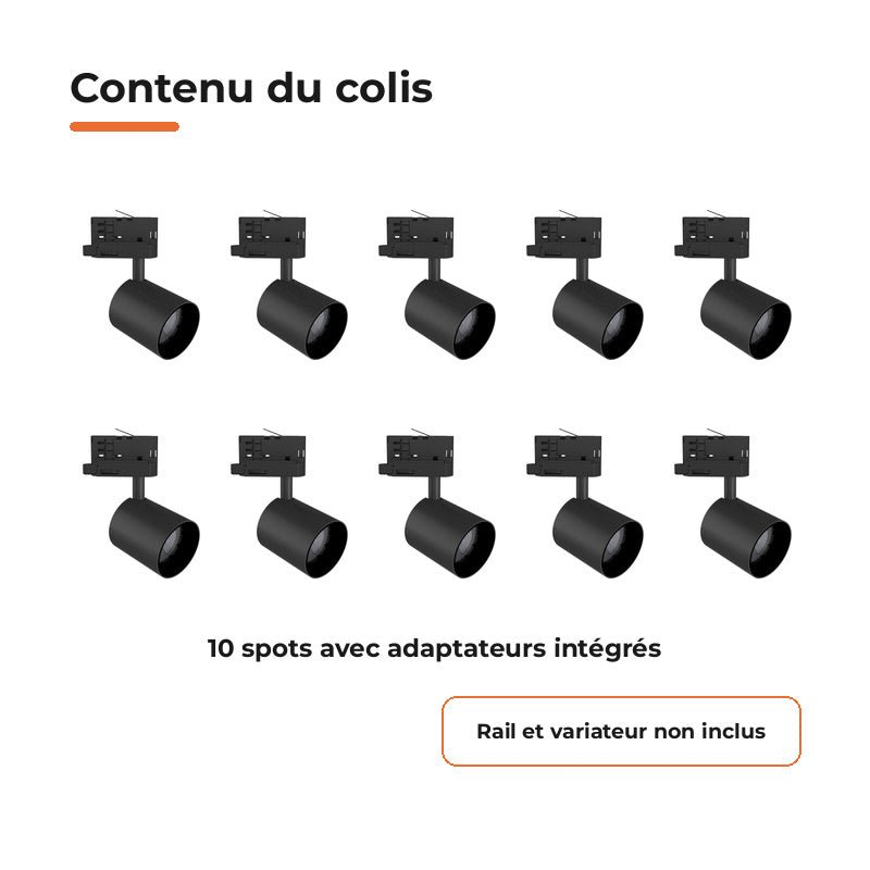 Pack de 10 - Spot LED sur Rail Noir Triphasé 24W 36° TRIAC Dimmable - Silamp France