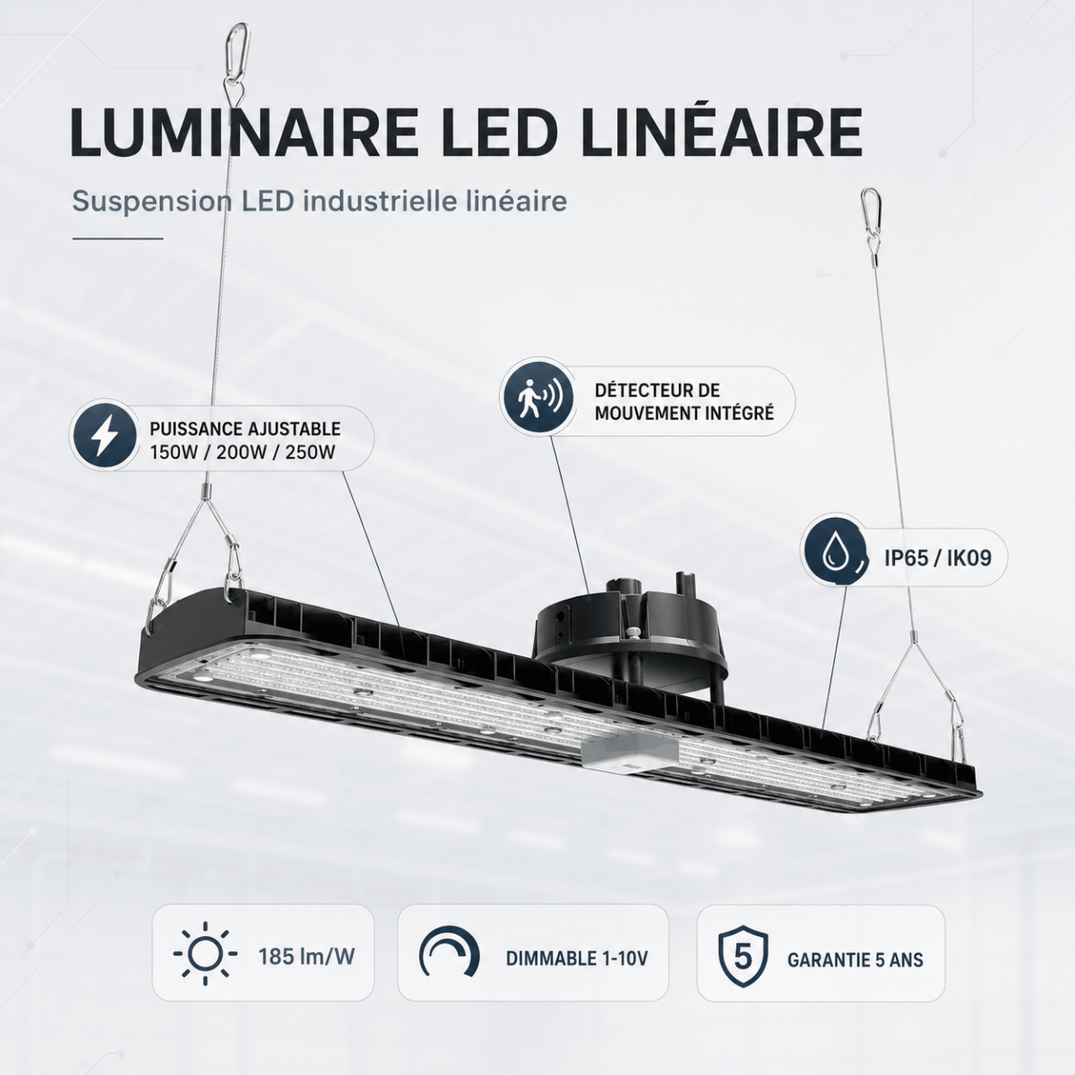 Pack de 6 - Suspension LED industrielle linéaire 150W/200W/250W 185lm/w avec Détecteur de Mouvement - Garantie 5 ans - Silamp France