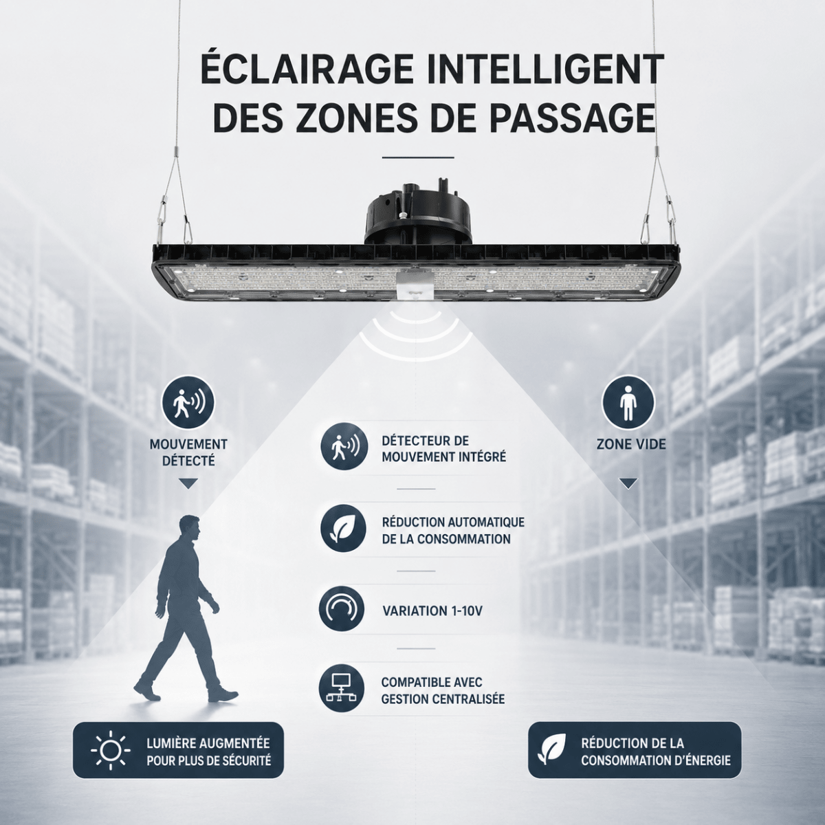 Pack de 6 - Suspension LED industrielle linéaire 150W/200W/250W 185lm/w avec Détecteur de Mouvement - Garantie 5 ans - Silamp France