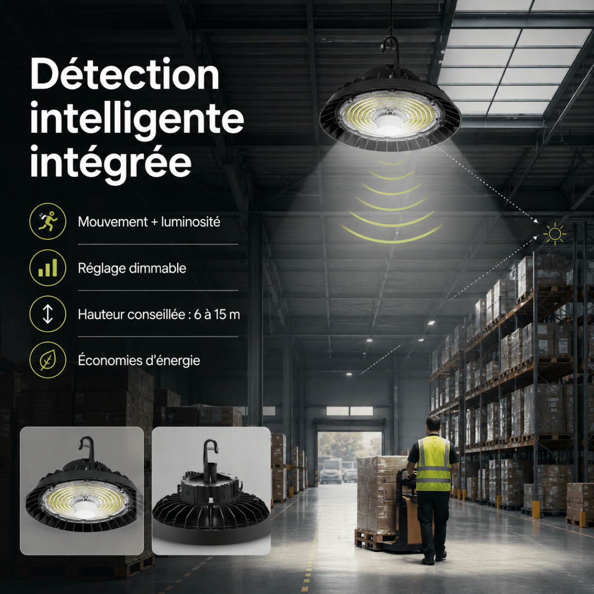 Pack de 6 - Suspension LED Industrielle UFO Dimmable 150W - 200W - 250W 187lm/W avec détecteur de mouvement - Garantie 5 ans - Silamp France