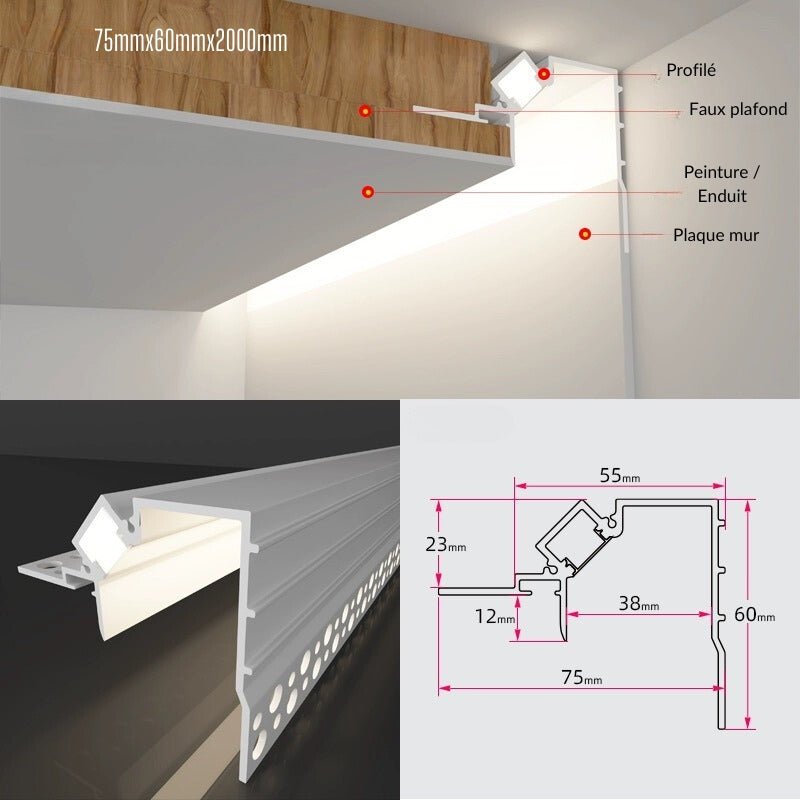 Profilé Aluminium Encastrable 2M pour Faux Plafond Éclairage Indirect - Silamp France