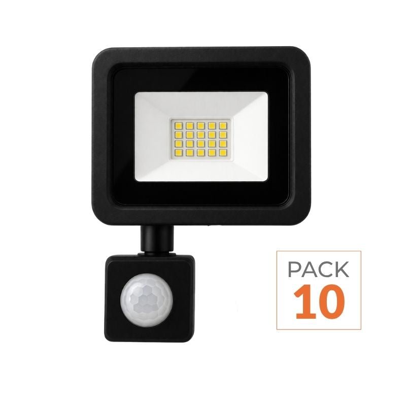 Projecteur LED Extérieur 20W IP65 NOIR avec Détecteur de Mouvement Crépusculaire (Pack de 10) - Silamp France