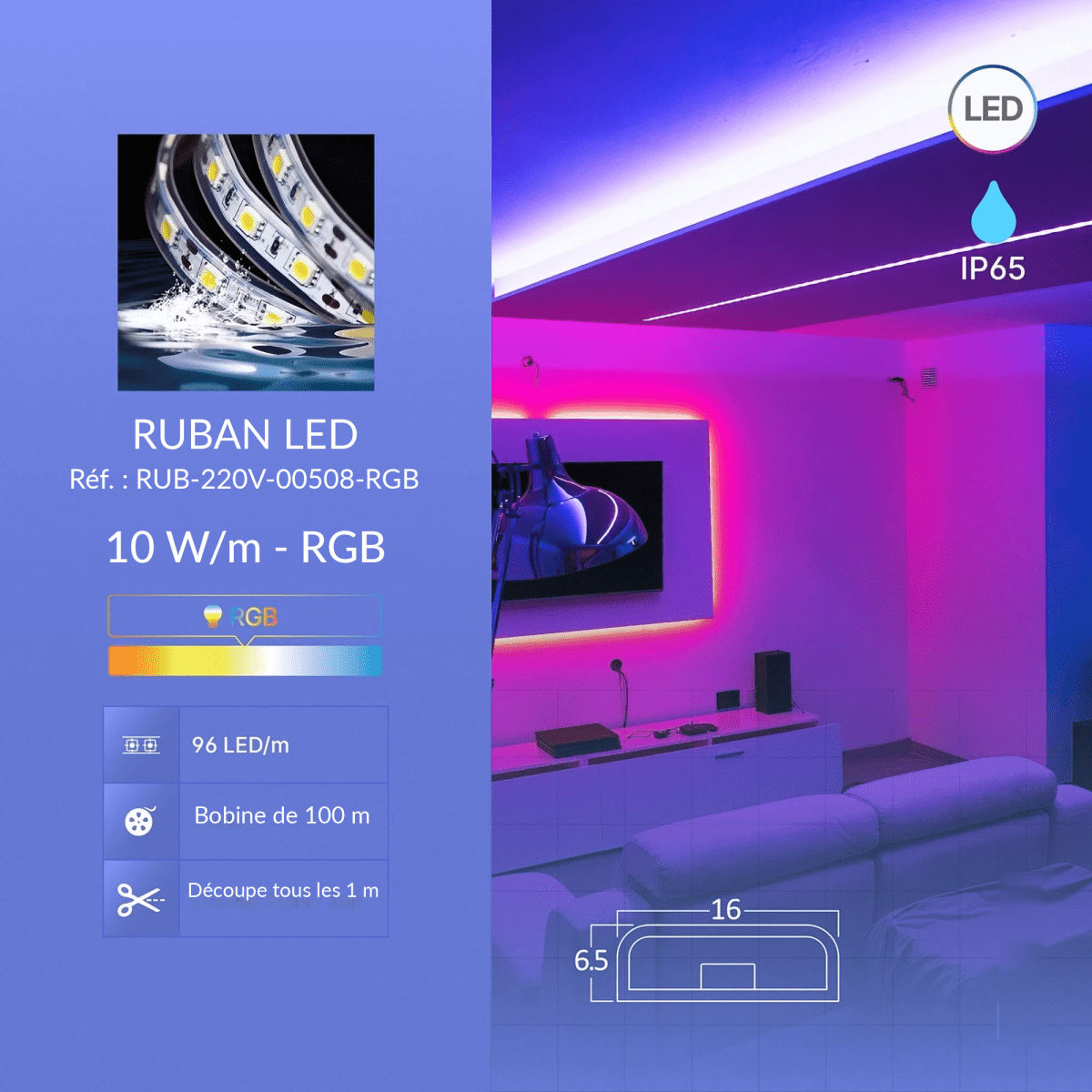 Ruban LED 220V 5050 RGB IP65 96 LED/m - Silamp France