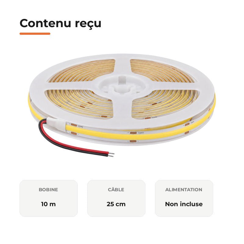Ruban LED COB 10m 24V IP20 320LED/m 8.7W/M CRI90 - Silamp France