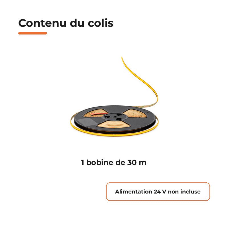Ruban LED COB 30m Découpe Libre 24V 528LED 13W/m IP20 8mm 1105lm/m - Silamp France