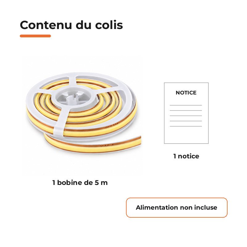 Ruban LED COB 5m Découpe Libre 24V 10W/m IP20 8mm 570lm/m - Silamp France