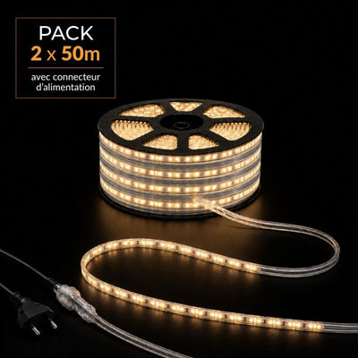 Ruban LED Tunnel 100M 2835 220V AC 9W/m IP65 120 LED/m (2 rubans 50M raccordable + alimentation)