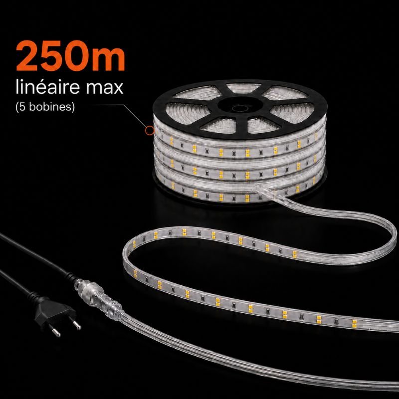 Ruban LED Tunnel 200M 2835 220V AC 9W/m IP65 120 LED/m (4 rubans 50M raccordable + alimentation) - Silamp France