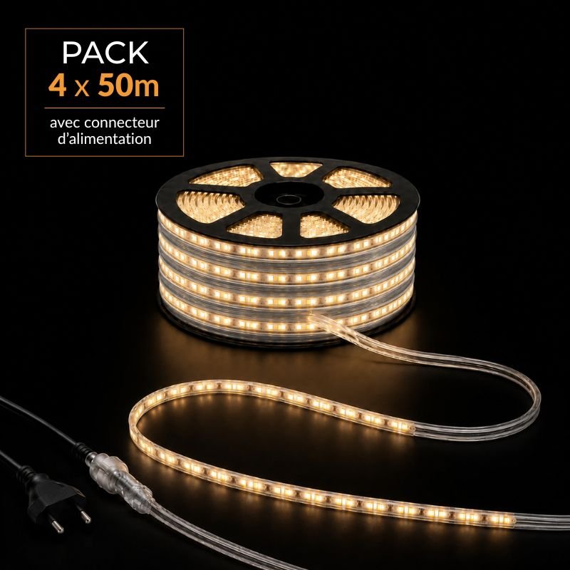 Ruban LED Tunnel 200M 2835 220V AC 9W/m IP65 120 LED/m (4 rubans 50M raccordable + alimentation) - Silamp France