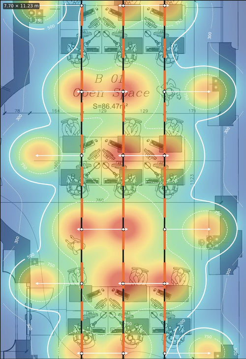 Plan d'éclairement de l'open space avec le sens de visée de chaque spot