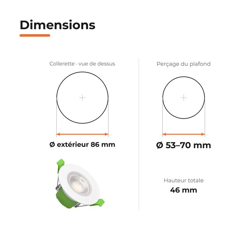 Spot Encastrable Coupe-Feu 6W ø86mm Dimmable CCT IP65 Blanc - 3000K/4000K/6500K - Silamp France