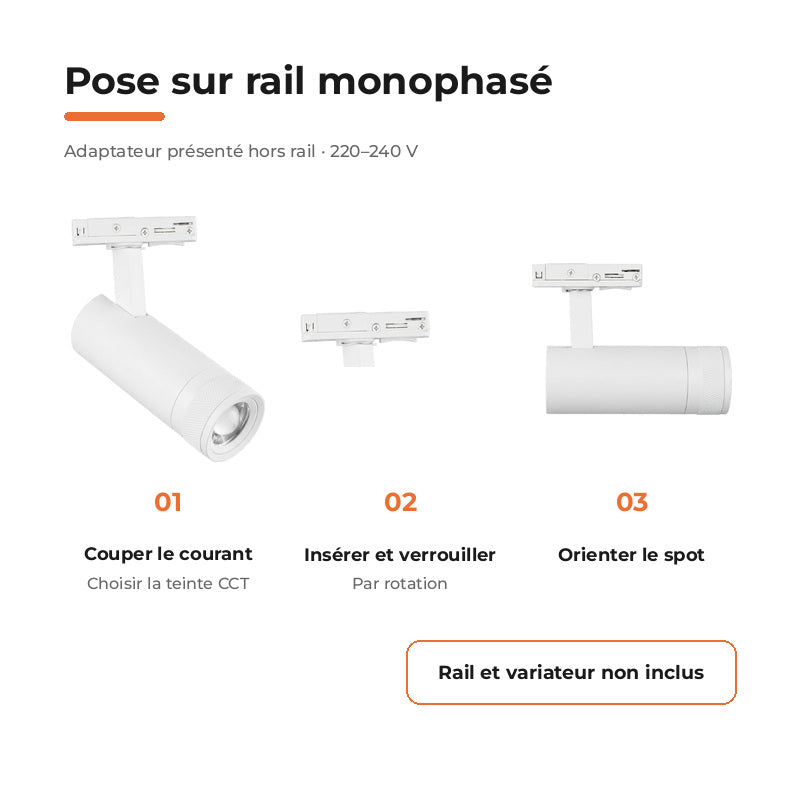 Spot LED sur Rail Blanc Angle Ajustable Monophasé 30W 15-60° CCT TRIAC Dimmable - 3000K/4000K/6000K - Silamp France