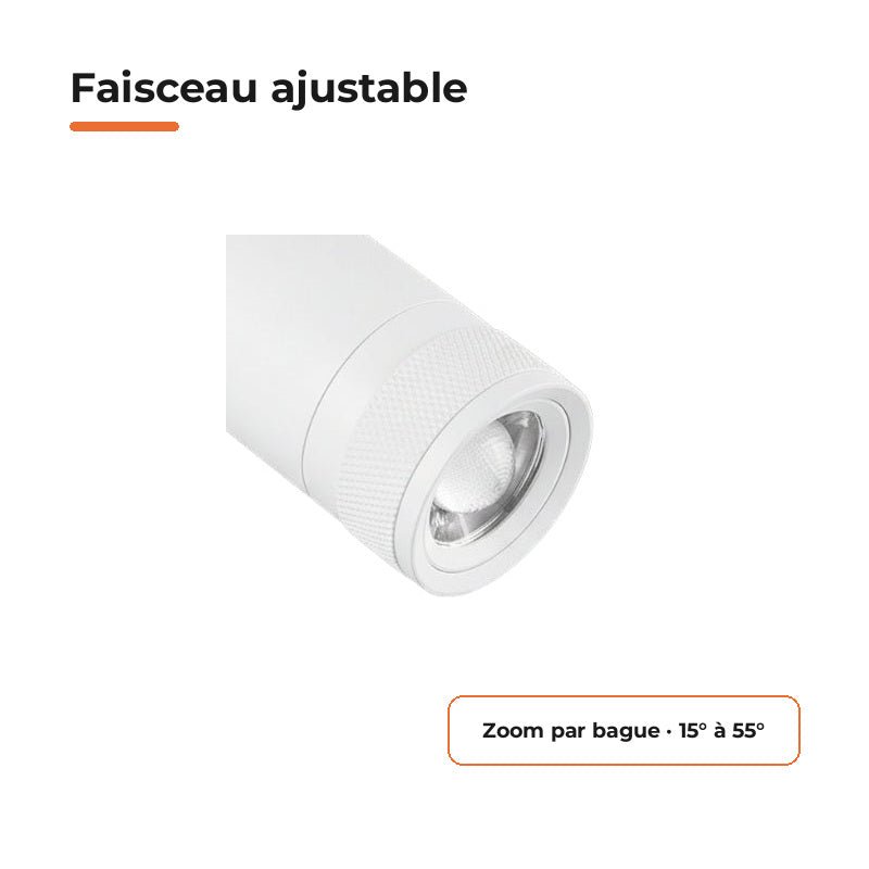 Spot LED sur Rail Blanc Angle Ajustable Monophasé 30W 15-60° CCT TRIAC Dimmable - 3000K/4000K/6000K - Silamp France