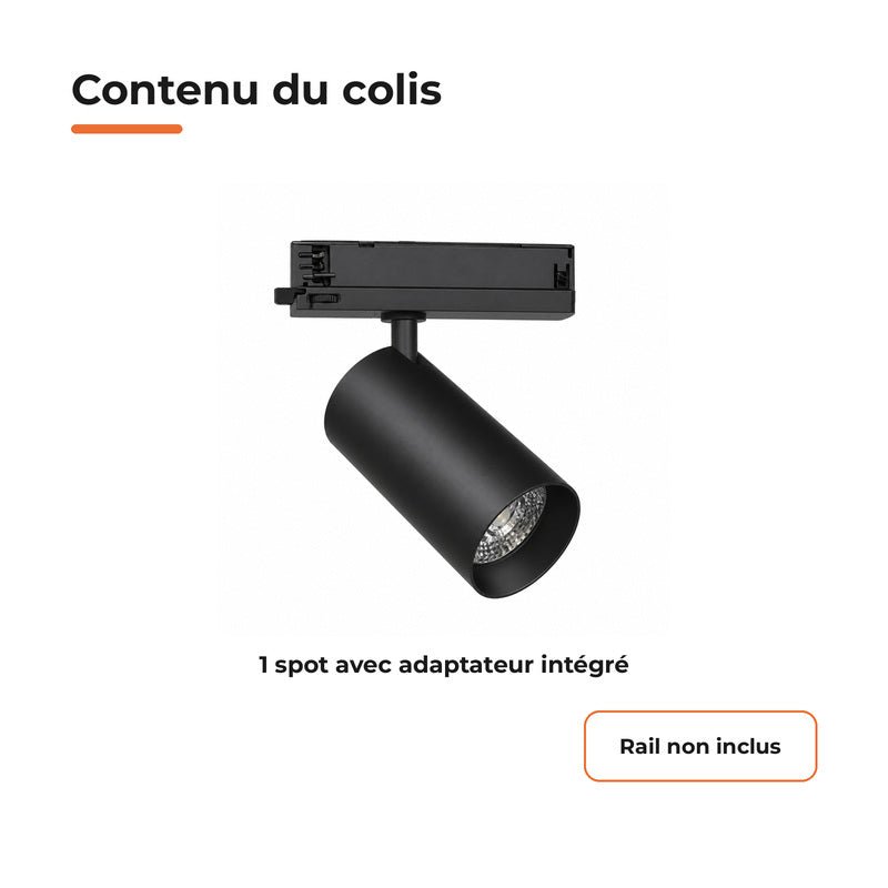 Spot LED sur Rail COB Triphasé 30W 36° Noir - Garantie 5 ans - Silamp France
