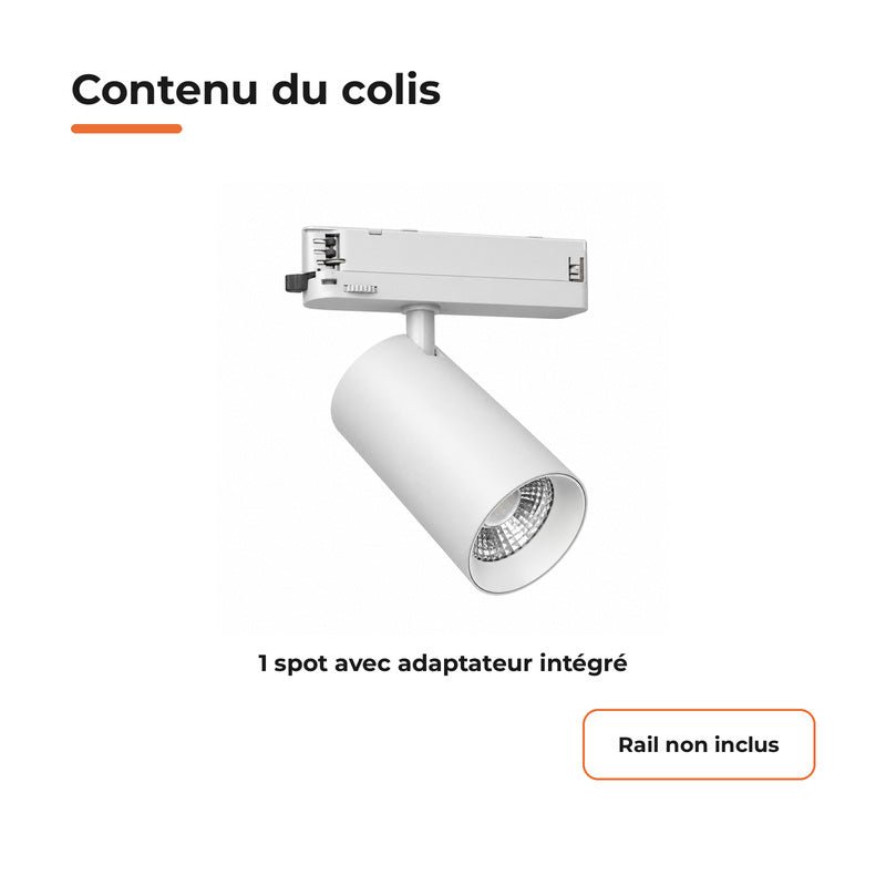 Spot LED sur Rail COB Triphasé 40W 36° Blanc Philips - Garantie 5 ans - Silamp France