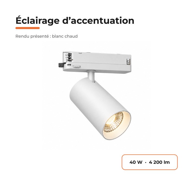 Spot LED sur Rail COB Triphasé 40W 36° Blanc Philips - Garantie 5 ans - Silamp France