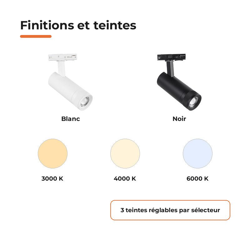 Spot LED sur Rail Noir Angle Ajustable Monophasé 30W 15-60° CCT TRIAC Dimmable - 3000K/4000K/6000K - Silamp France