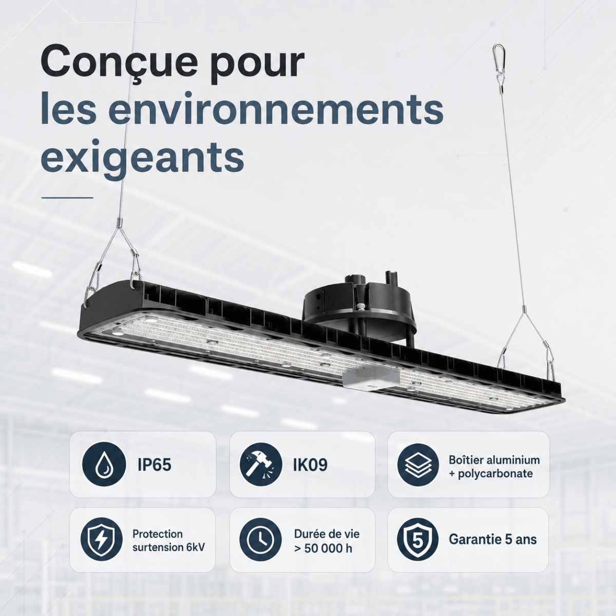 Suspension LED industrielle linéaire 150W/200W/250W 185lm/w avec Détecteur de Mouvement - Garantie 5 ans - Silamp France
