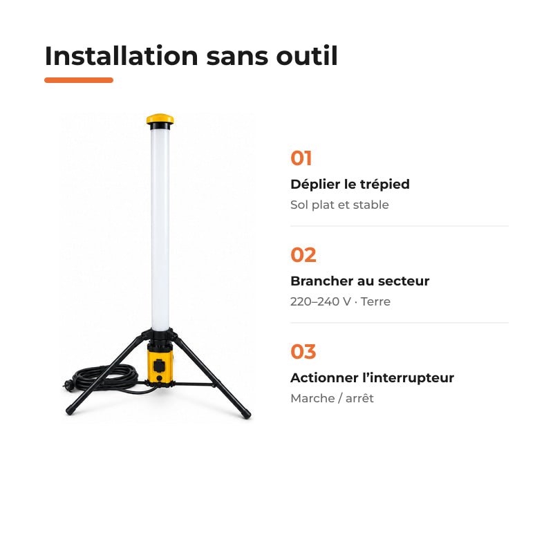 Tour Lumineuse LED 100W 360° IP54 sur Trépied pour Chantier - Silamp France