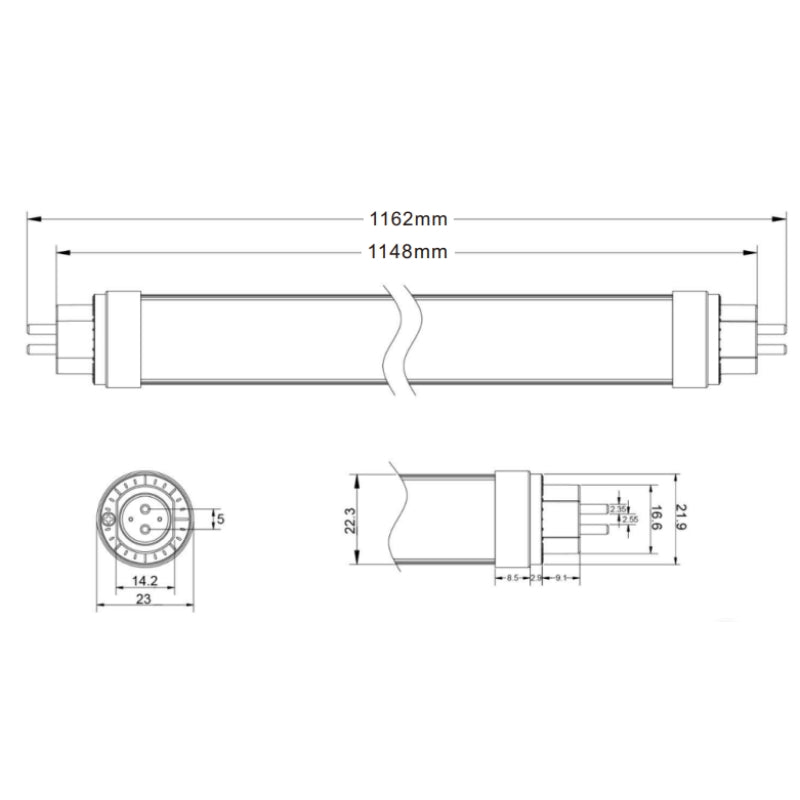 Tube LED 115cm T5 18W 140lm/W Connexion 1 Côté - Silamp France