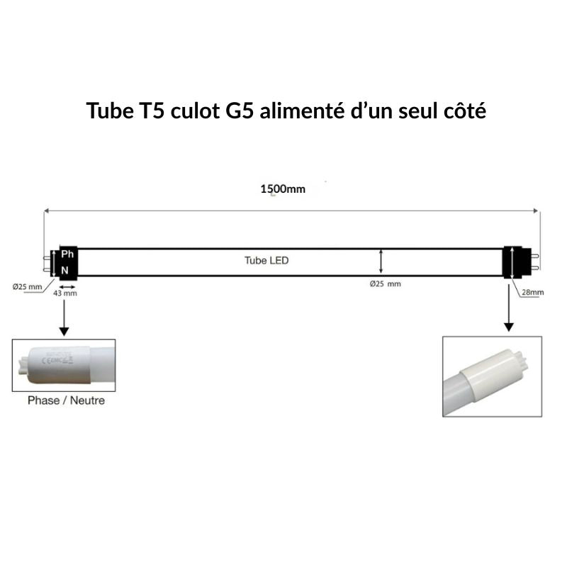 Tube LED 145cm T5 25W 140lm/W Connexion 1 Côté - Silamp France