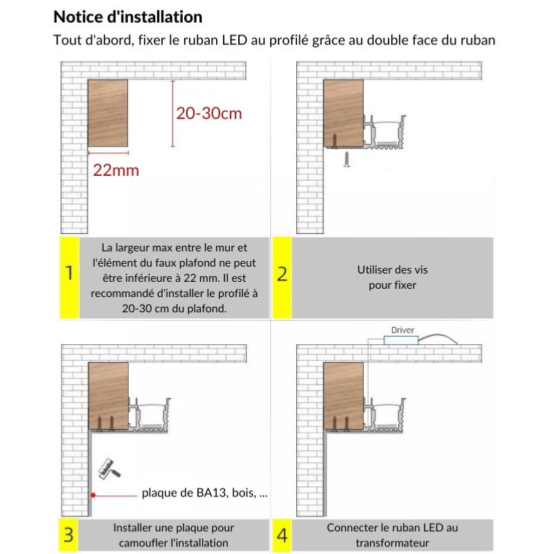 Profilé Aluminium Blanc 2m pour Ruban LED Intégration Faux-Plafond