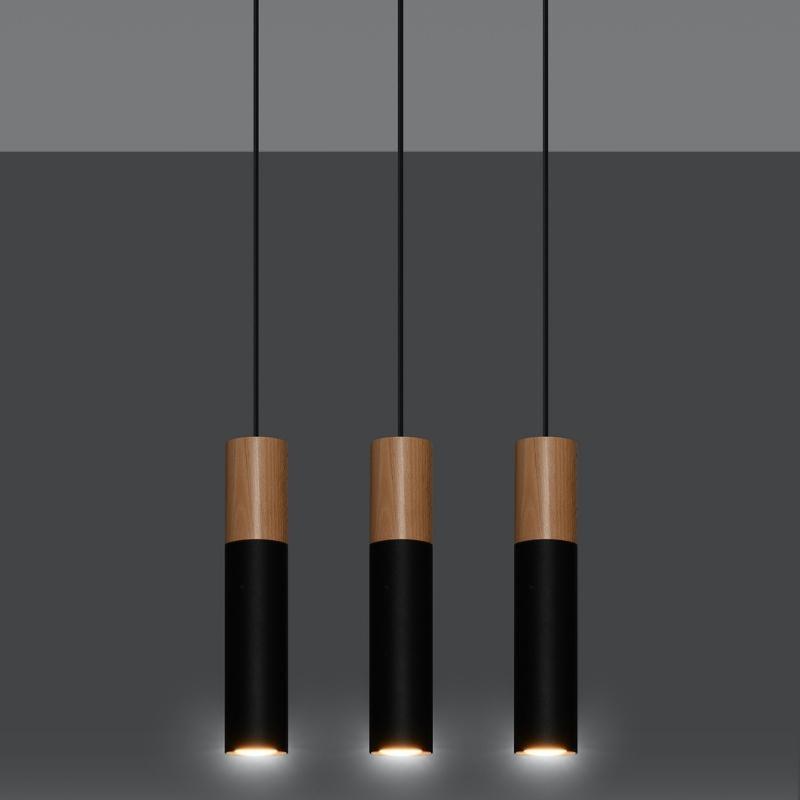 Suspension 3 Lampes Bois Noir pour Ampoules GU10