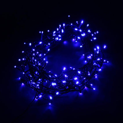 Guirlande LED 9M 180LED IP44 Bleue, 8 modes avec timer - Câble vert (+ transfo)