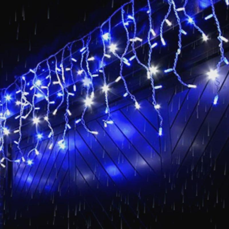 Guirlande Rideau 600LED IP44 10M avec timer, Câble transparent - Bleu