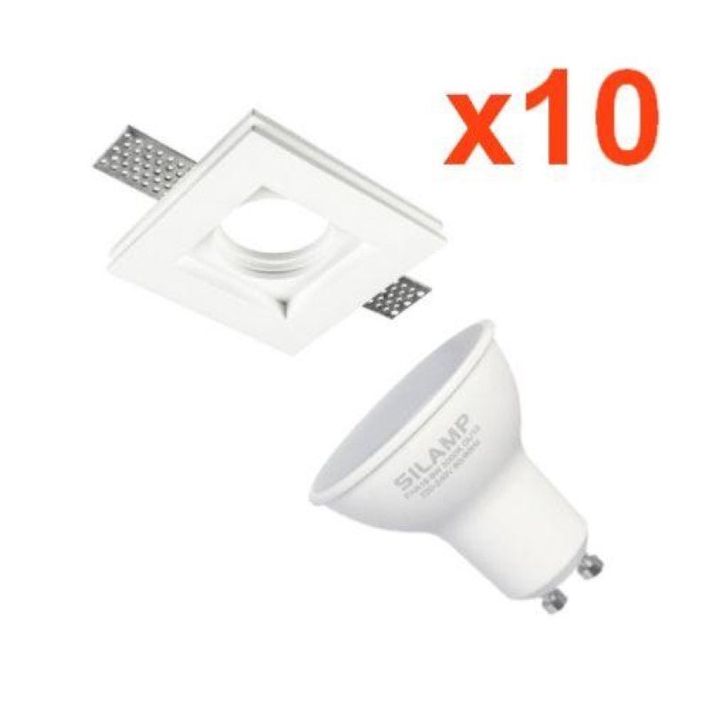 Kit Support Spot GU10 LED Carré Blanc 100x100mm avec Ampoule LED 6W (Pack de 10) - Silamp France
