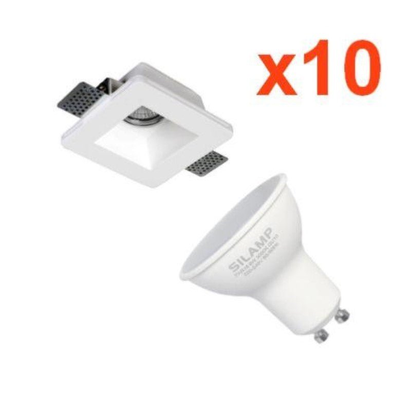 Kit Support Spot GU10 LED Carré Blanc 120x120mm avec Ampoule LED 6W (Pack de 10) - Silamp France