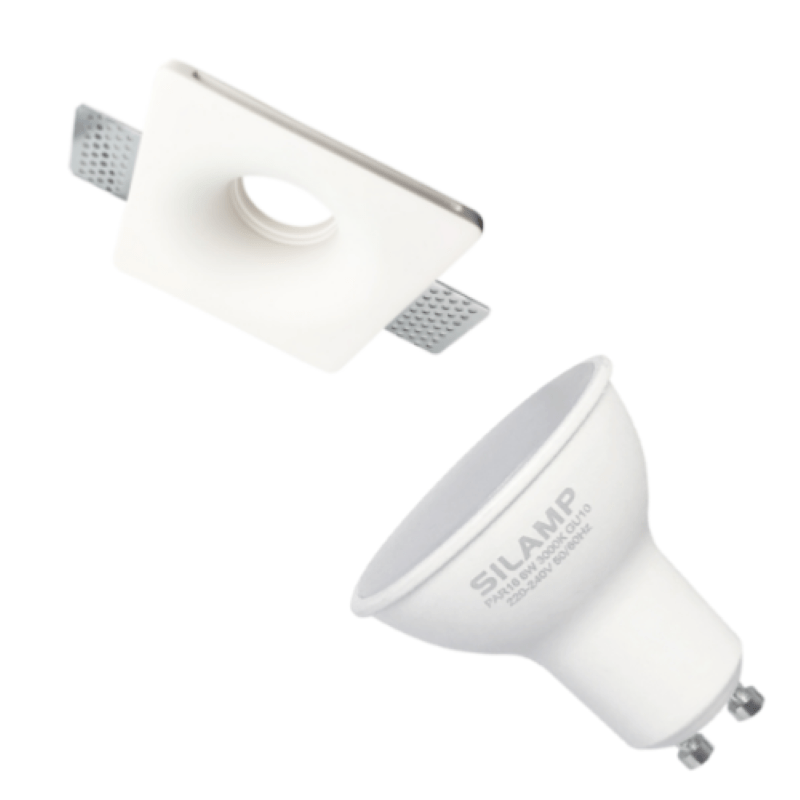 Kit Support Spot GU10 LED Carré Blanc Ø120mm avec Ampoule LED 6W - Silamp France