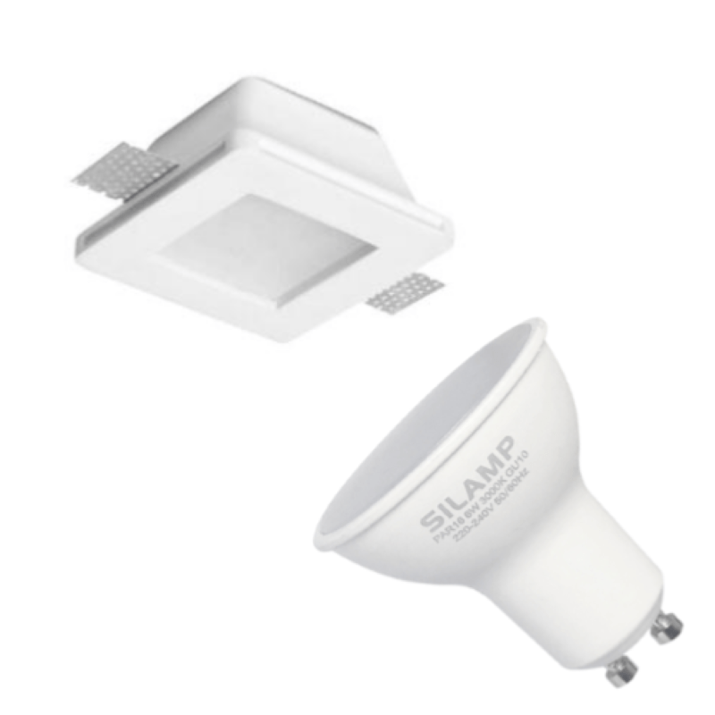 Kit Support Spot GU10 LED Carré Blanc Ø120mm + vitre opaque avec Ampoule LED 6W - Silamp France