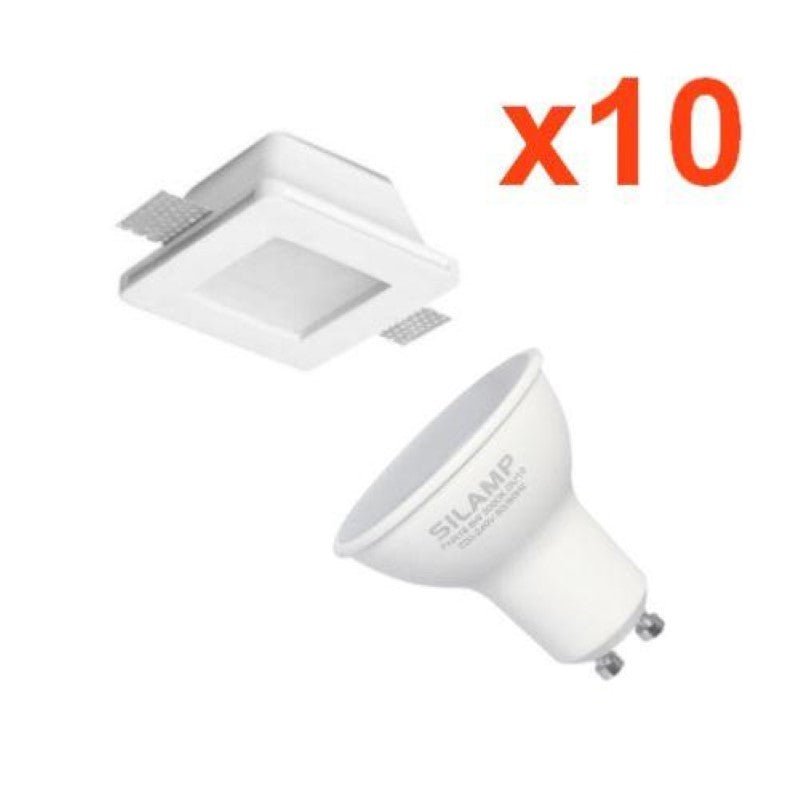 Kit Support Spot GU10 LED Carré Blanc Ø120mm + vitre opaque avec Ampoule LED 6W (Pack de 10) - Silamp France
