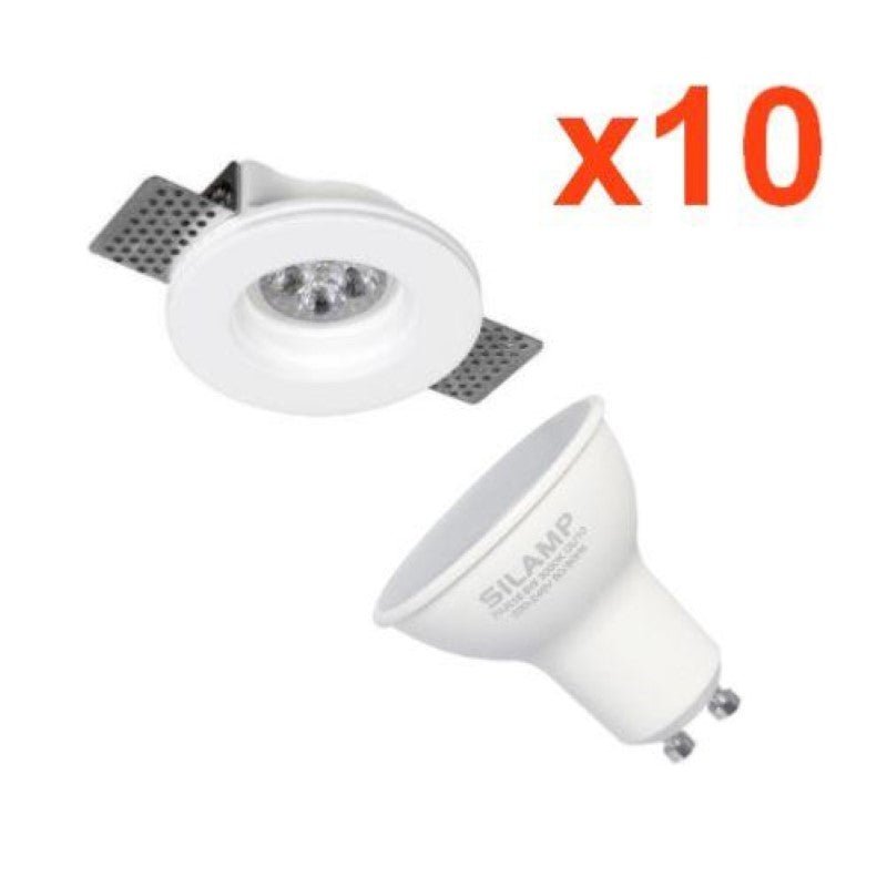 Kit Support Spot GU10 LED Rond Blanc Ø100mm avec Ampoule LED 6W (Pack de 10) - Silamp France