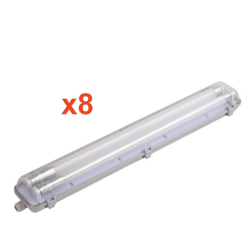 Kit de Réglette LED Double étanche + 2 Tubes Néons LED 60cm T8 18W (Pack de 8)