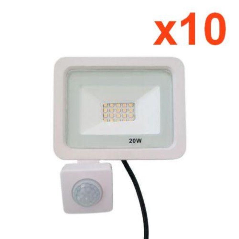 Projecteur LED Extérieur 20W IP65 BLANC avec Détecteur de Mouvement Crépusculaire (Pack de 10) - Silamp France