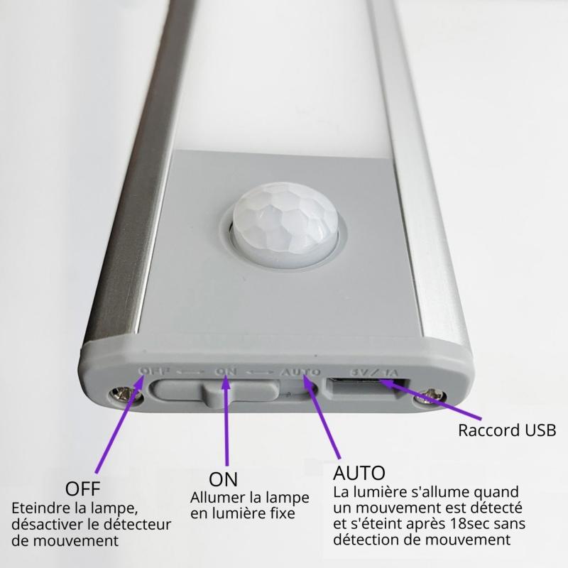 Réglette LED Rechargeable USB 40cm 2W Noire avec Détecteur – Silumen
