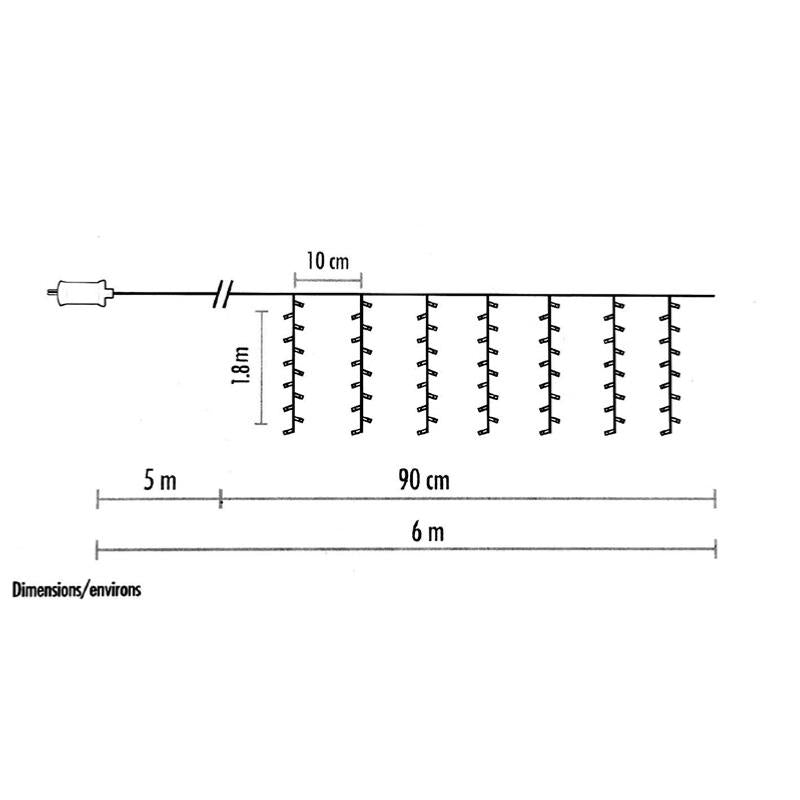 Guirlande Rideau 180LED IP44 1M80 8 fonctions + timer, Câble transparent - Blanc Chaud