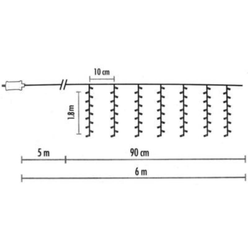 Guirlande Rideau 180LED IP44 1M80 8 fonctions + timer, Câble transparent - Blanc Froid